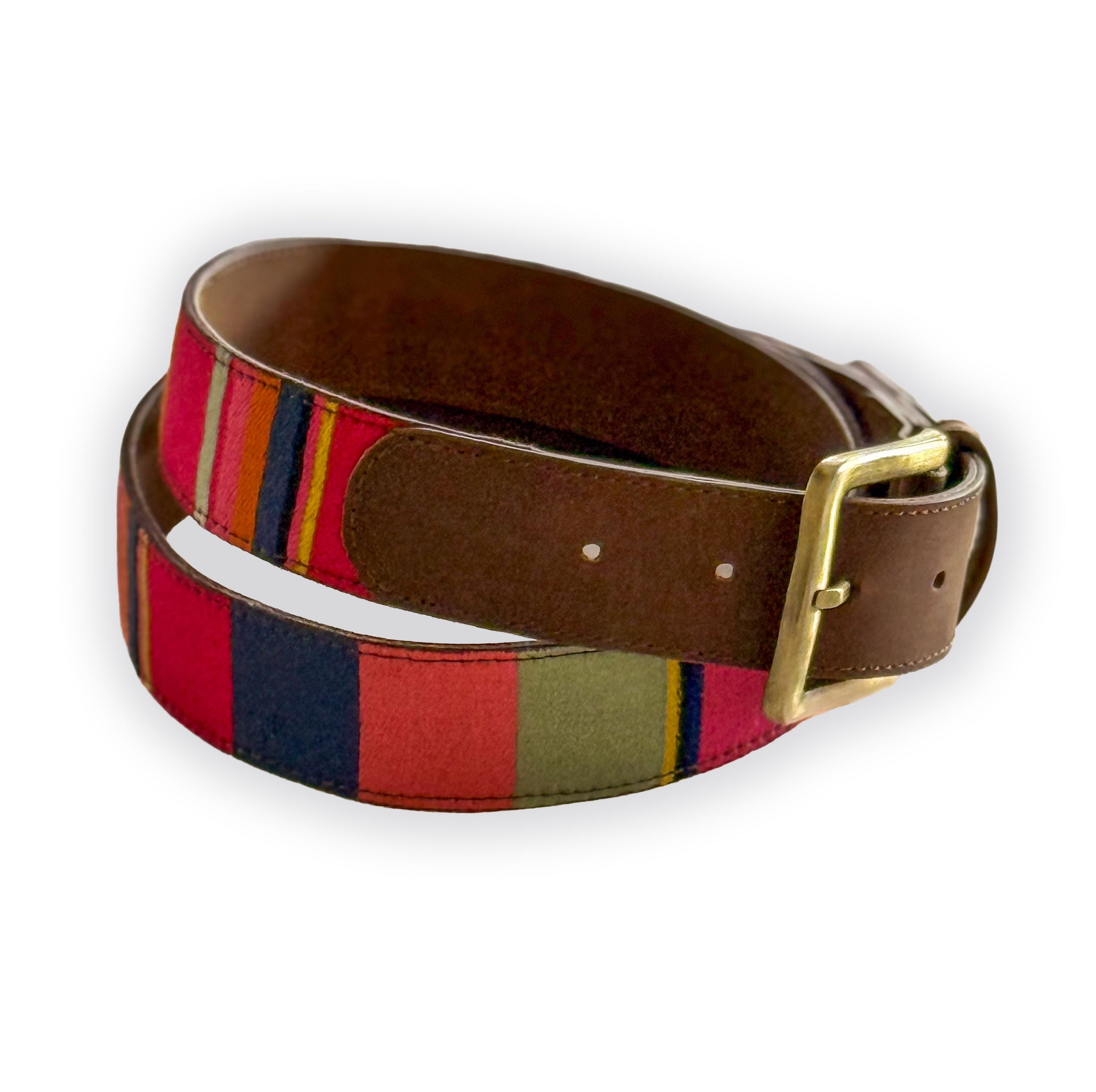 Multicolored striped belt with brown leather strap