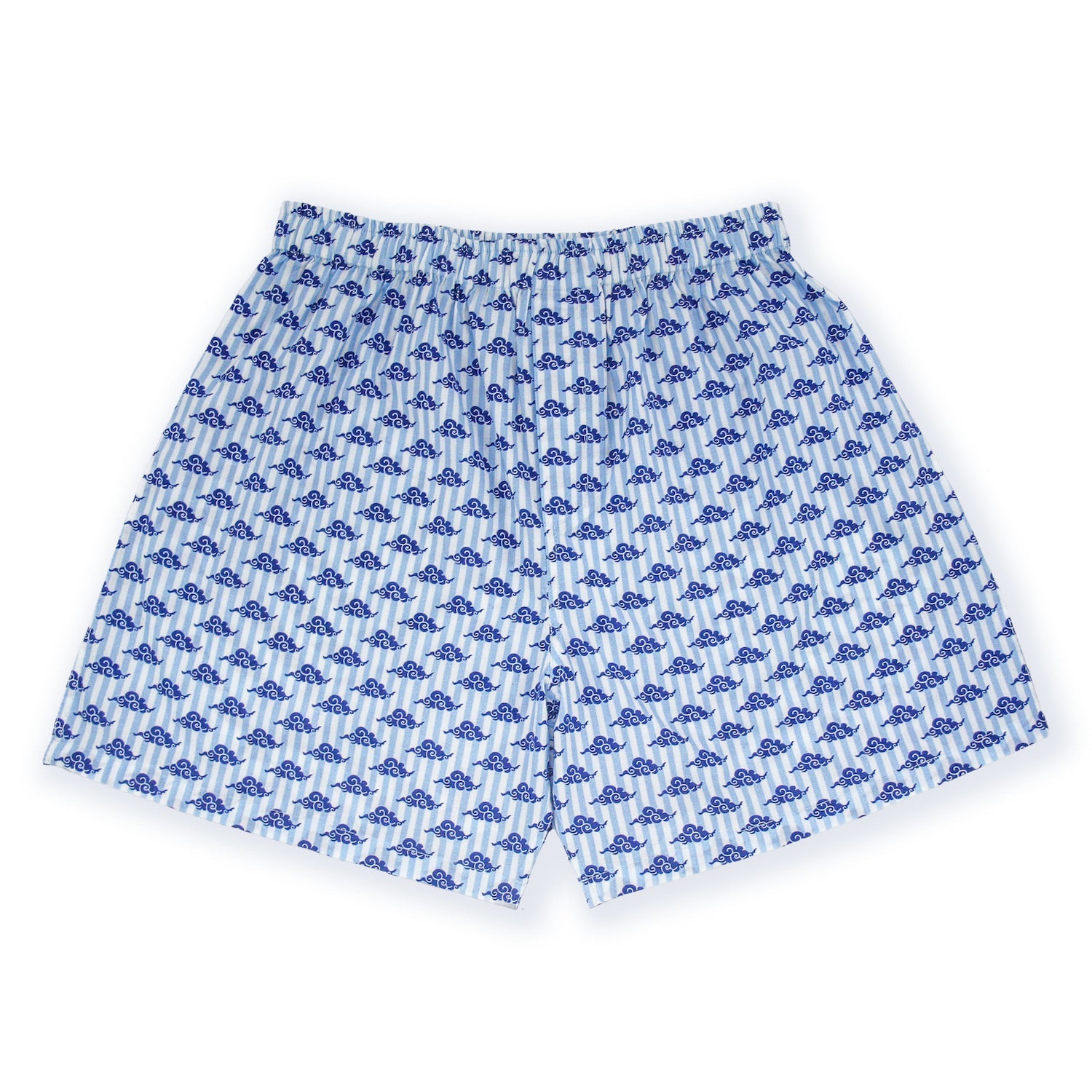 Blue patterned shorts on a white background