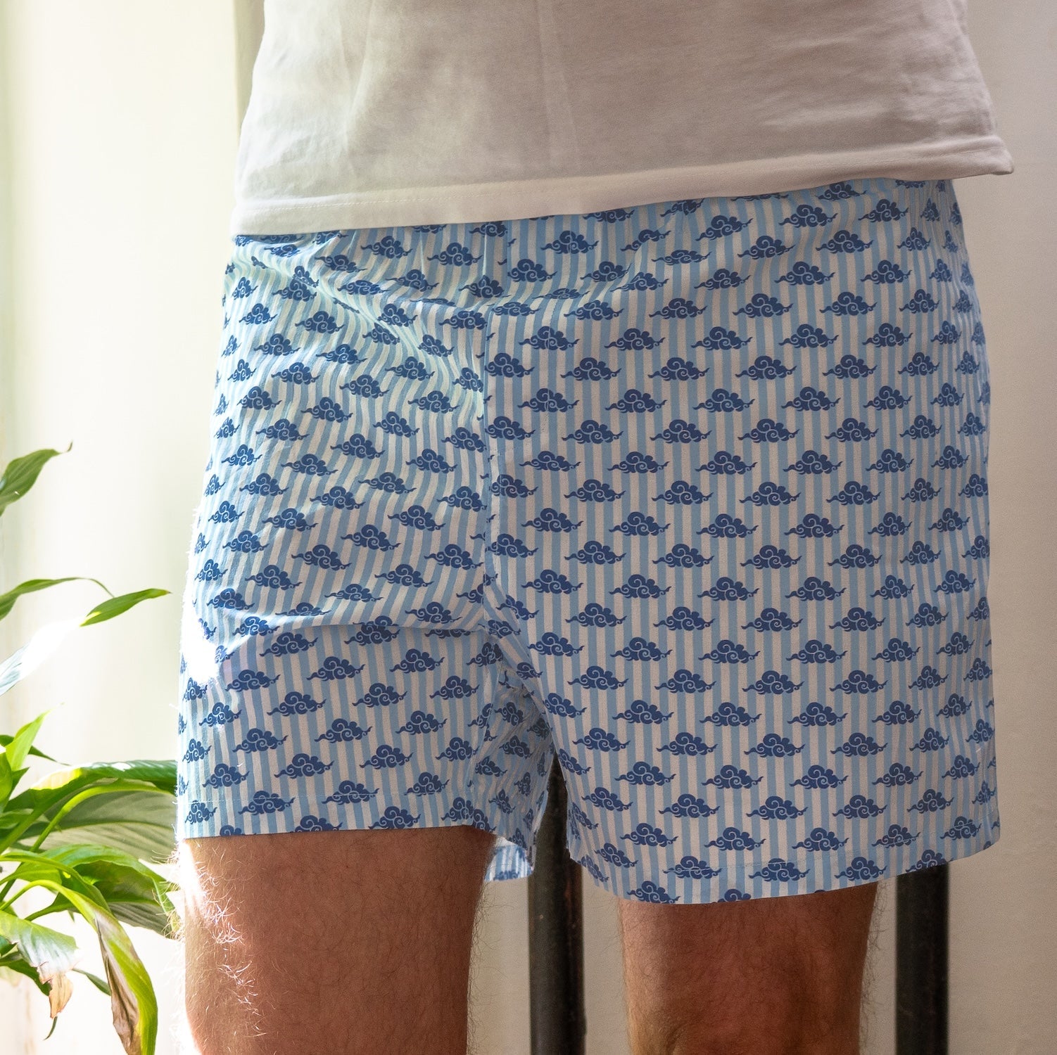 Person wearing blue shorts with whale pattern indoors