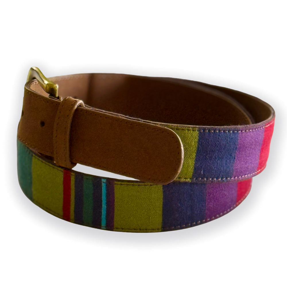 Colorful striped belt with a brown leather
